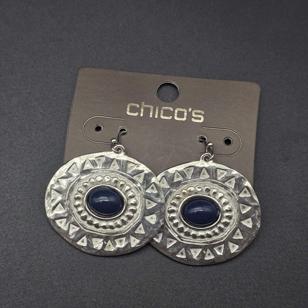 Chicos Silver Tone Blue Stone Etched Medallion Drop Earrings